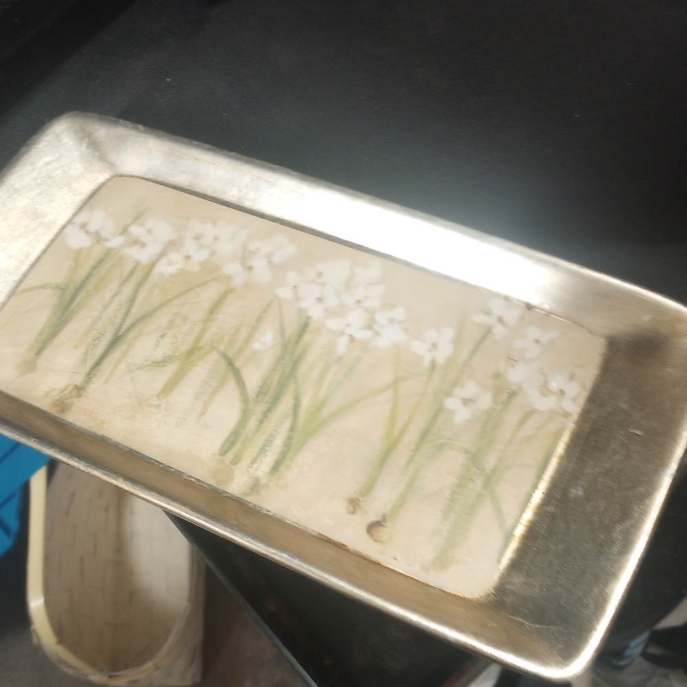 Rectangular Silver/Gold Tray with Floral Design With Matching Tissue Box
